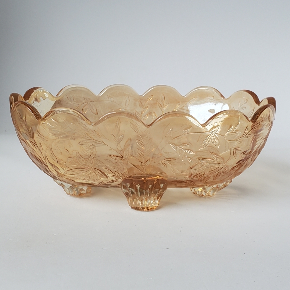 Jeannette Carnival Glass Floragold Louisa Pattern Oval 4-footed Candy Dish Bowl